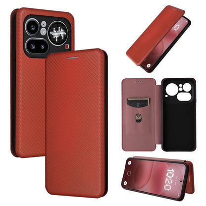 Brown carbon fiber textured flip phone case, closed and open views shown.