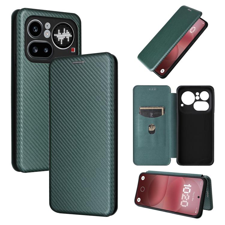 Green carbon fiber flip leather phone case with side camera cutouts and stand view