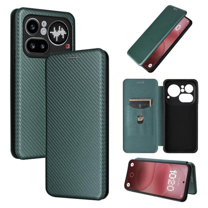 Green carbon fiber flip leather phone case with side camera cutouts and stand view