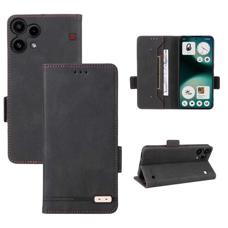 Magnetic clasp leather phone case with folio cover, matte black