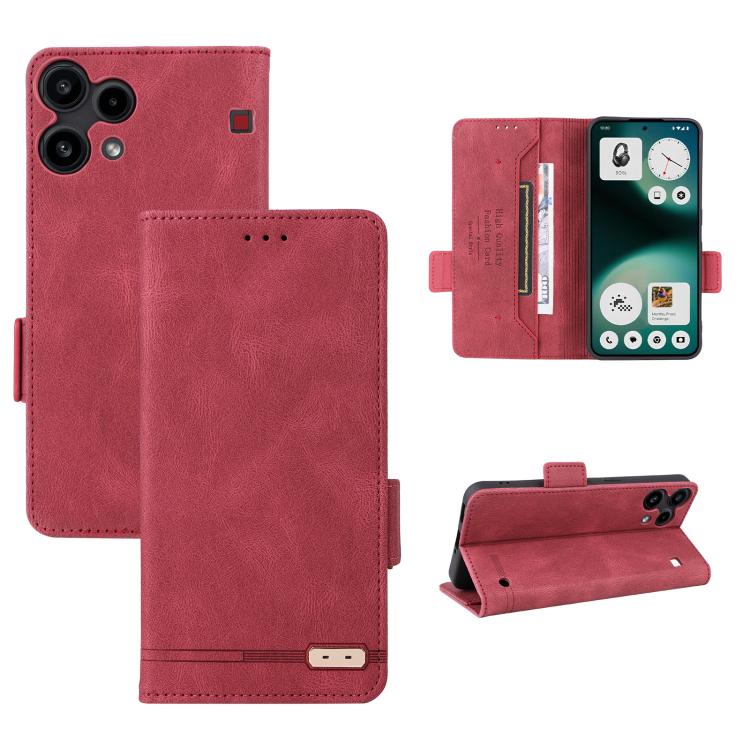 Magnetic clasp leather phone case, red folio wallet with stand and camera cutout