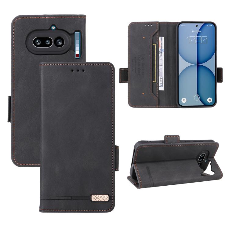 Magnetic clasp leather phone case with folio cover, charcoal black