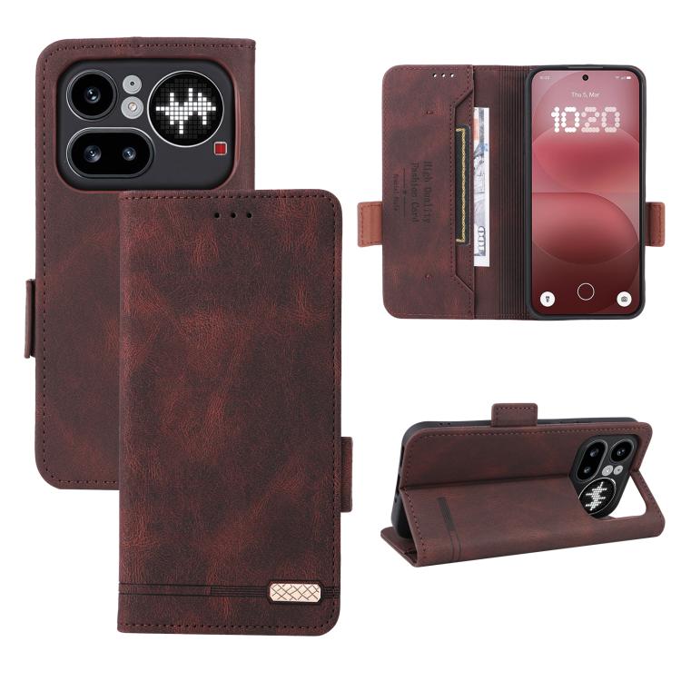 Brown magnetic clasp leather folio phone case with card slots and camera cutouts