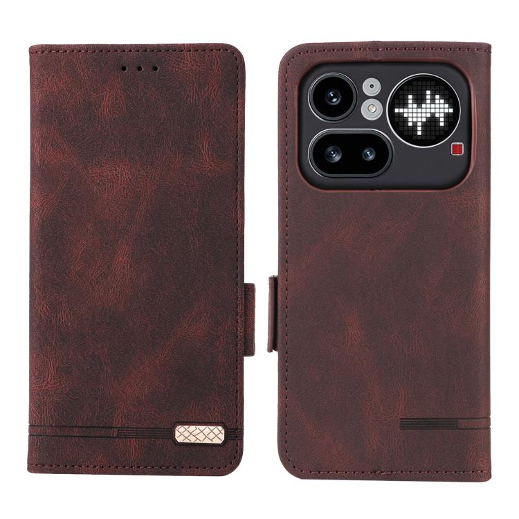 Brown leather folio phone case with magnetic closure and front camera cutout