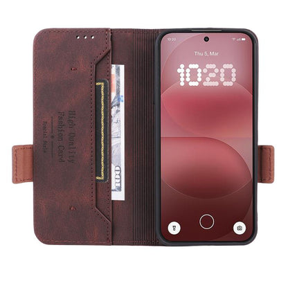 Brown magnetic clasp leather phone case with open flip cover and card compartment