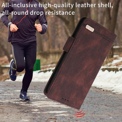 Brown leather folio phone case with magnetic clasp and stitched card holder panel