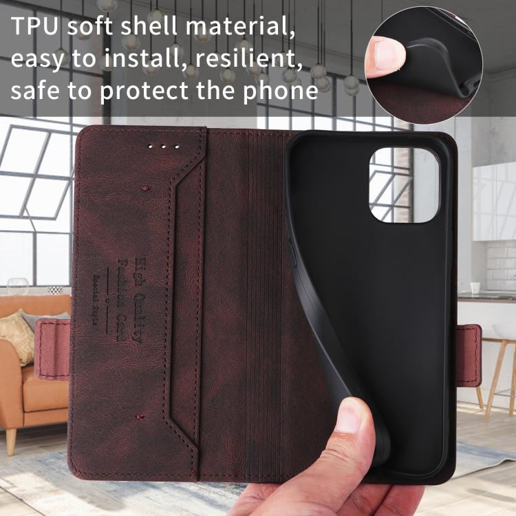 Brown leather folio phone case with magnetic clasp and textured card slot panel