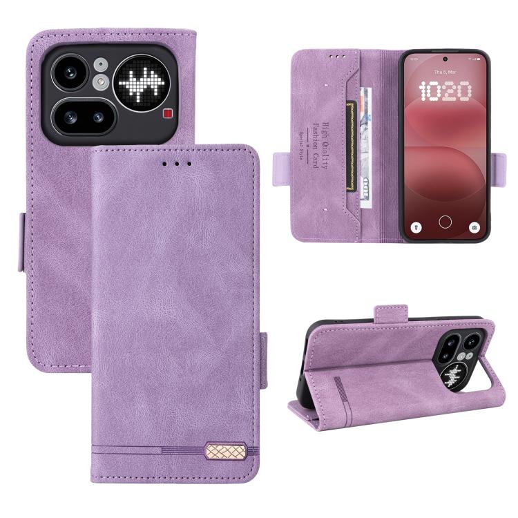 Purple magnetic clasp leather folio phone case with card slots and camera cutouts
