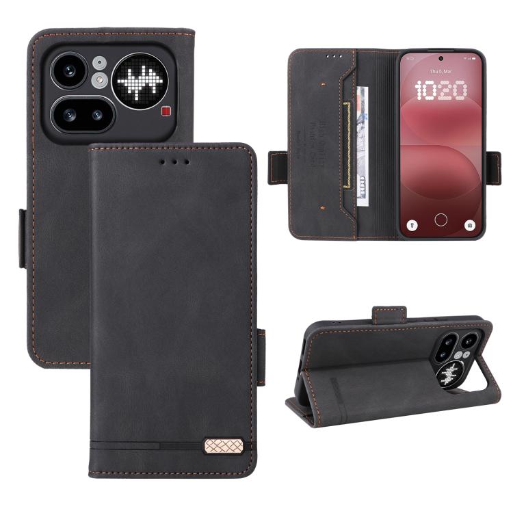 Black magnetic clasp leather folio phone case with card slots and camera cutouts