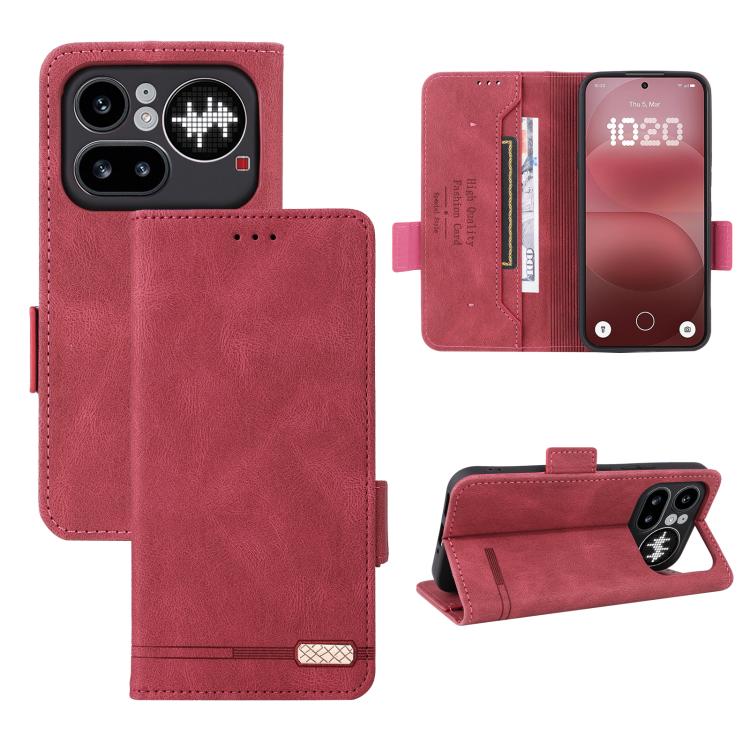 Magnetic clasp leather phone case with folio cover, maroon red