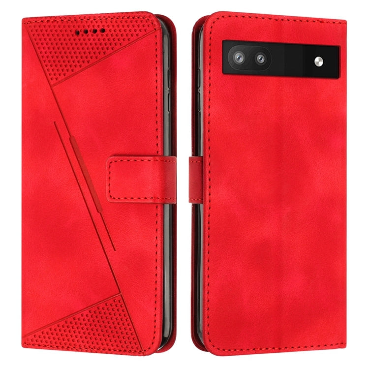 Red leather flip phone case with card slot and dual-camera cutout.