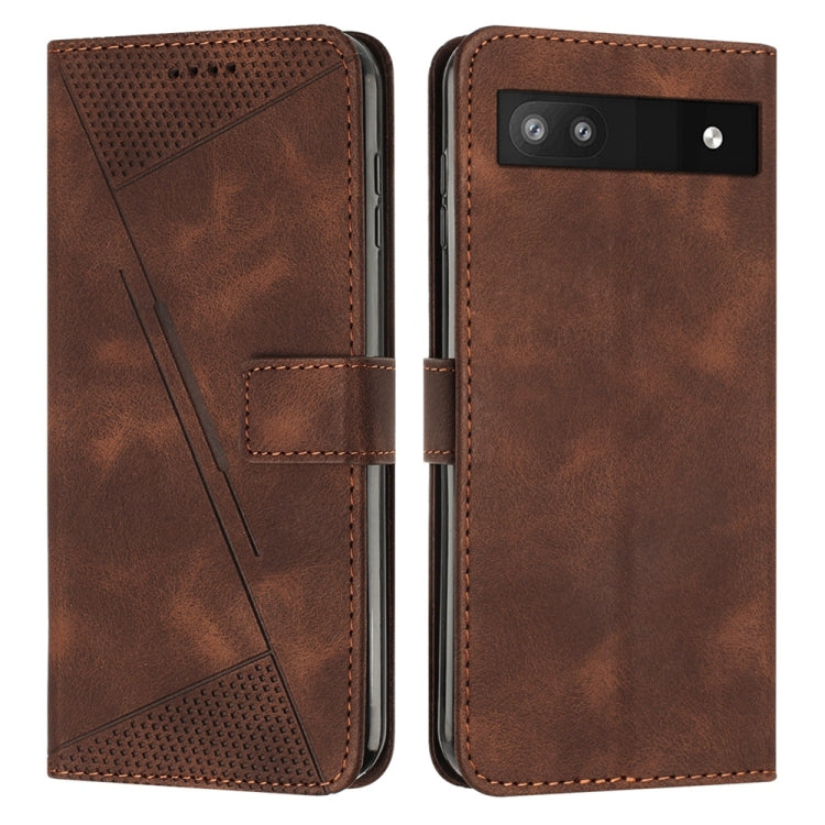 Brown leather phone case with triangle pattern, stitched edges, and camera cutout