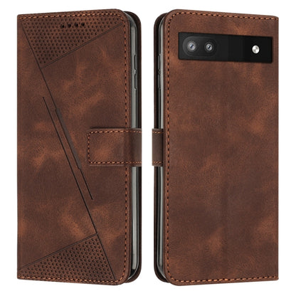 Brown leather phone case with triangle pattern, stitched edges, and camera cutout