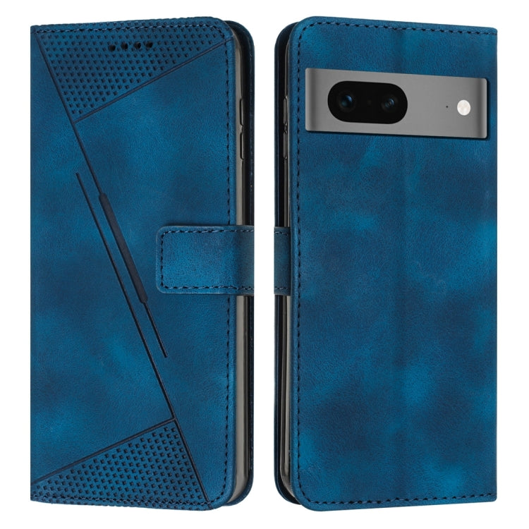 Blue leather flip phone case with card slot and geometric triangle cutouts.