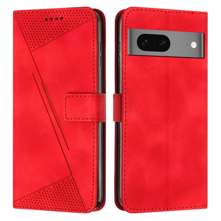 Red leather flip phone case with card slot and geometric triangle cutouts.