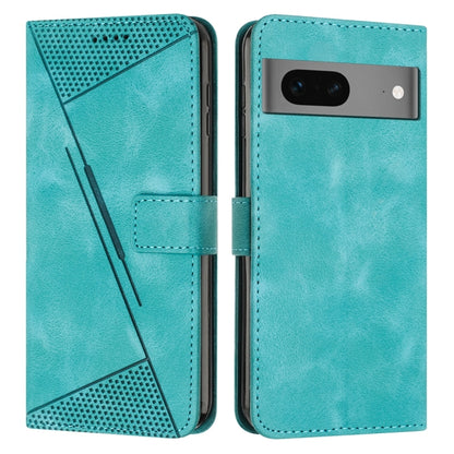 Teal leather flip phone case with card slot and geometric triangle cutouts.