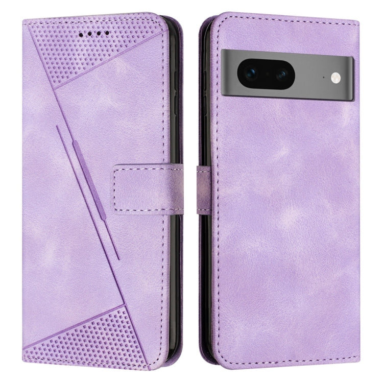 Lavender leather flip phone case with card slot and geometric triangle cutouts.