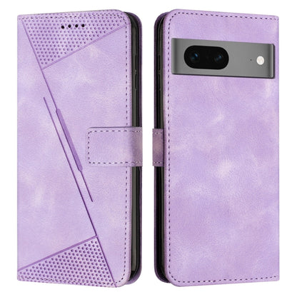 Lavender leather flip phone case with card slot and geometric triangle cutouts.
