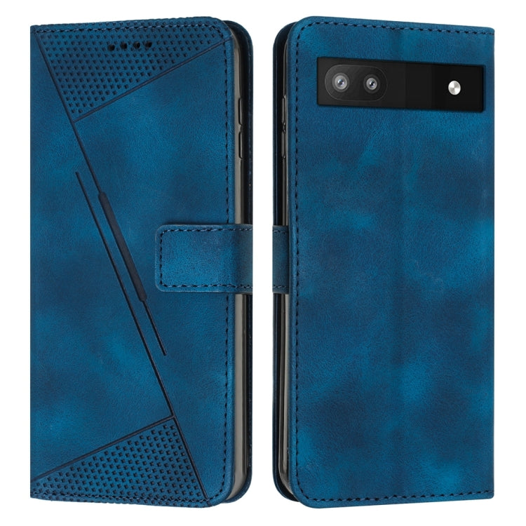 Blue leather phone case with lanyard, snap strap, perforated triangle pattern, card slot