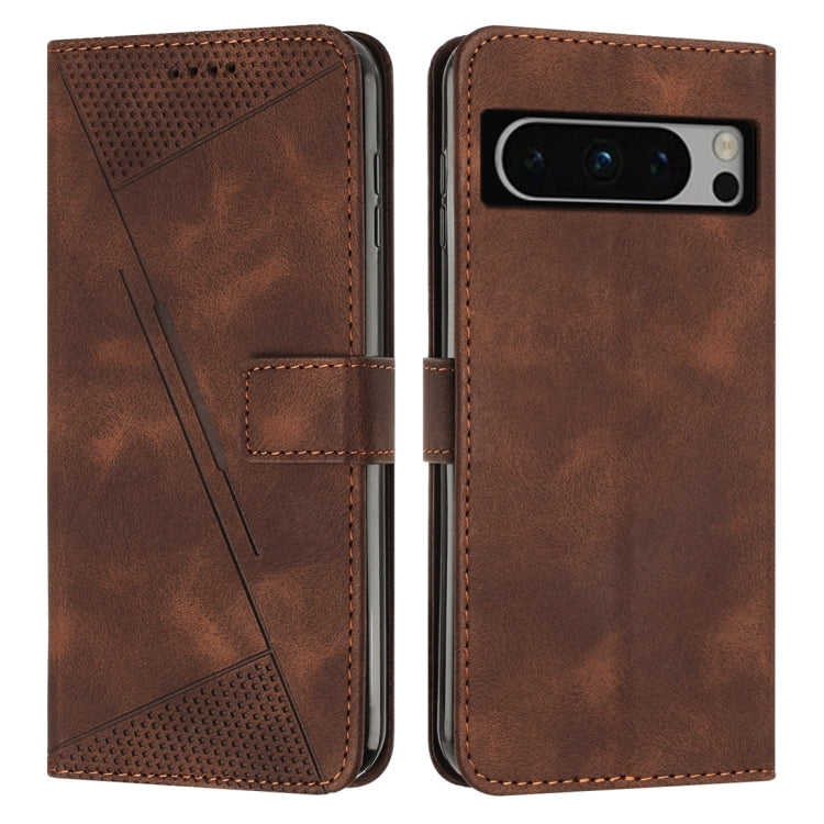 Brown leather phone case with lanyard, snap strap, perforated triangle design, card slot