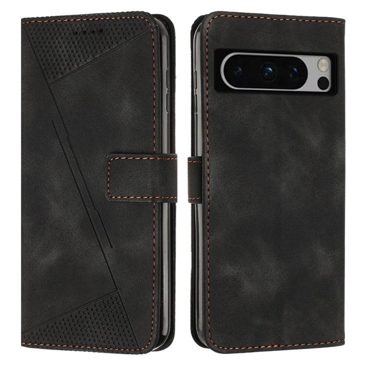 Black leather phone case with lanyard, snap strap, perforated triangle pattern, card slot