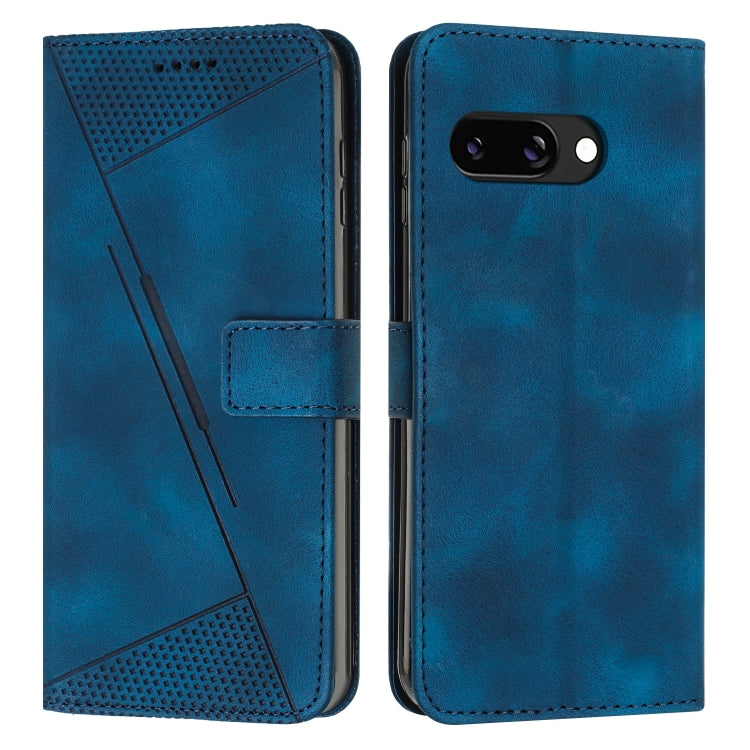Blue leather flip phone case with perforated triangle texture and front camera opening