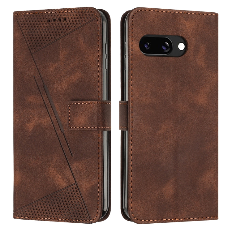 Brown leather flip phone case with perforated triangle texture and front camera cutout