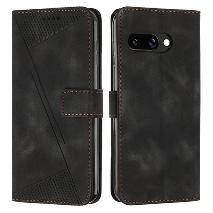 Black leather flip phone case with perforated triangle panel and stitched side card slot