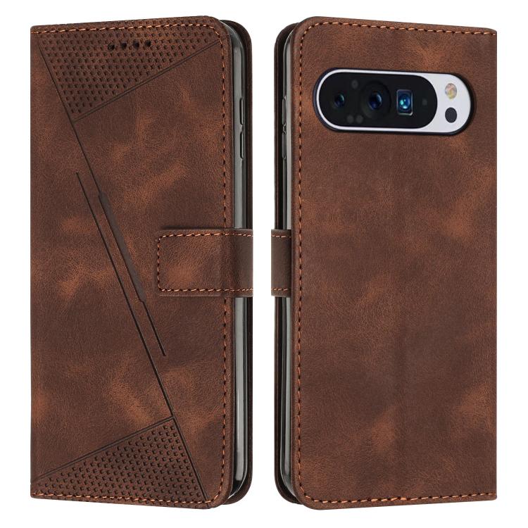 Brown leather flip phone case with perforated triangle panel and stitched card pocket