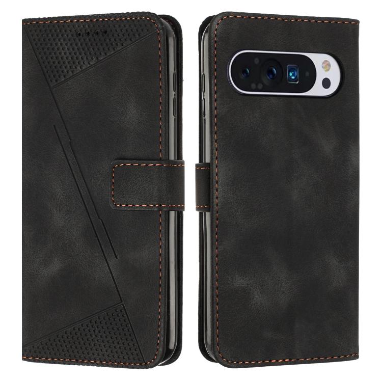 Black leather flip phone case with perforated triangle panel and stitched card pocket