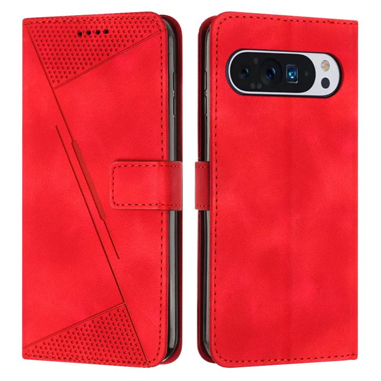Red leather folio phone case with triangular texture, camera cutout, side closure