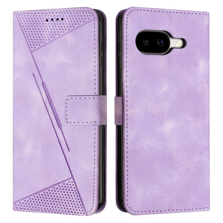 Purple leather folio phone case with triangular texture, camera cutout, side closure