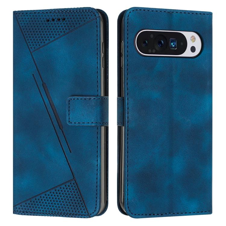 Blue leather phone case with triangular panel and front cutout, for phone camera