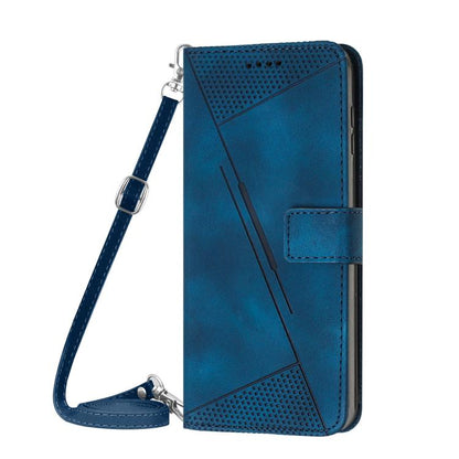 Blue leather phone case with front pocket and attached lanyard strap