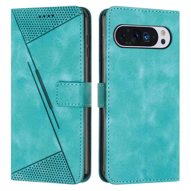 Light teal leather phone case with triangular panel and front card pocket