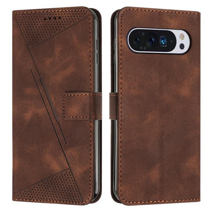 Brown leather phone case with card slot and perforated geometric panel; two-sided view