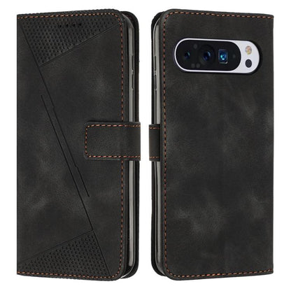 Black leather phone case with card slot and perforated geometric panel; two-sided view