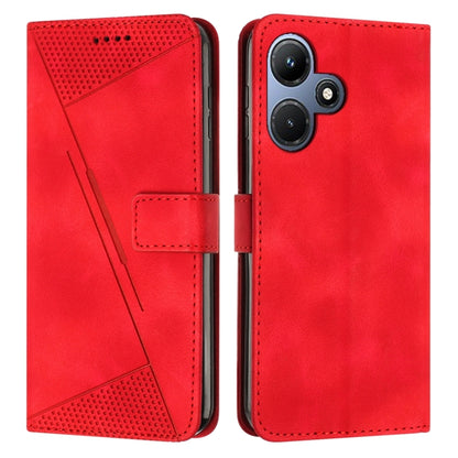 Red leather flip phone case with front card slot and camera cutout