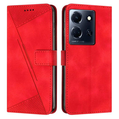Red leather flip phone case with perforated panel and card slot, camera cutout