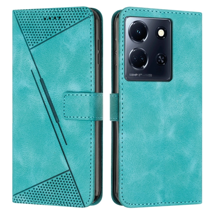 Teal leather phone case with flip cover, textured triangular panel, stitched card pocket.