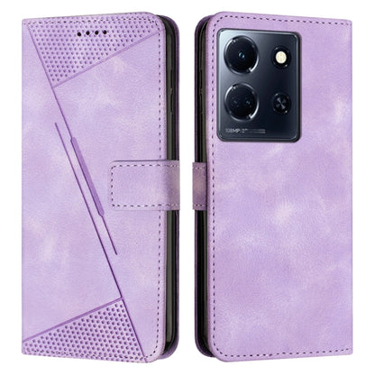 Purple leather phone case with flip cover, textured triangular panel, stitched card pocket.