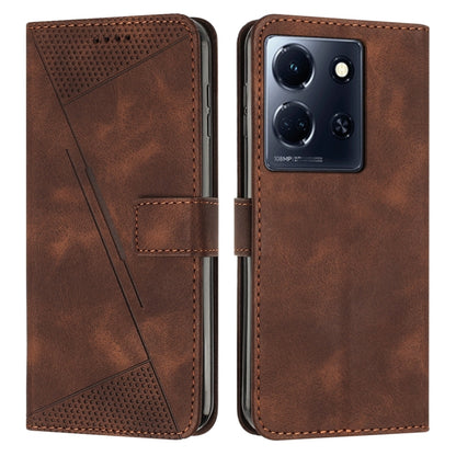 Brown leather phone case with flip cover, textured triangular panel, stitched card pocket.