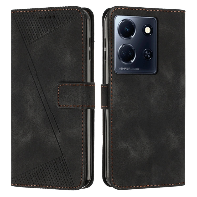 Black leather phone case with flip cover, textured triangular panel, stitched card pocket.
