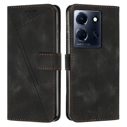 Black leather phone case with flip cover, textured triangular panel, stitched card pocket.