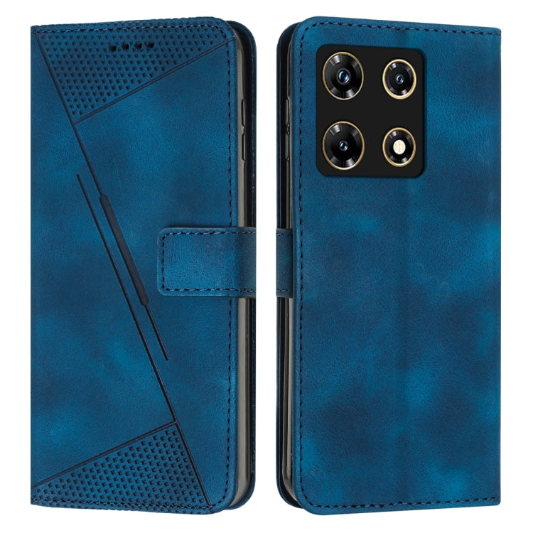 Blue leather flip phone case with perforated panel, card slot, and stitched edges