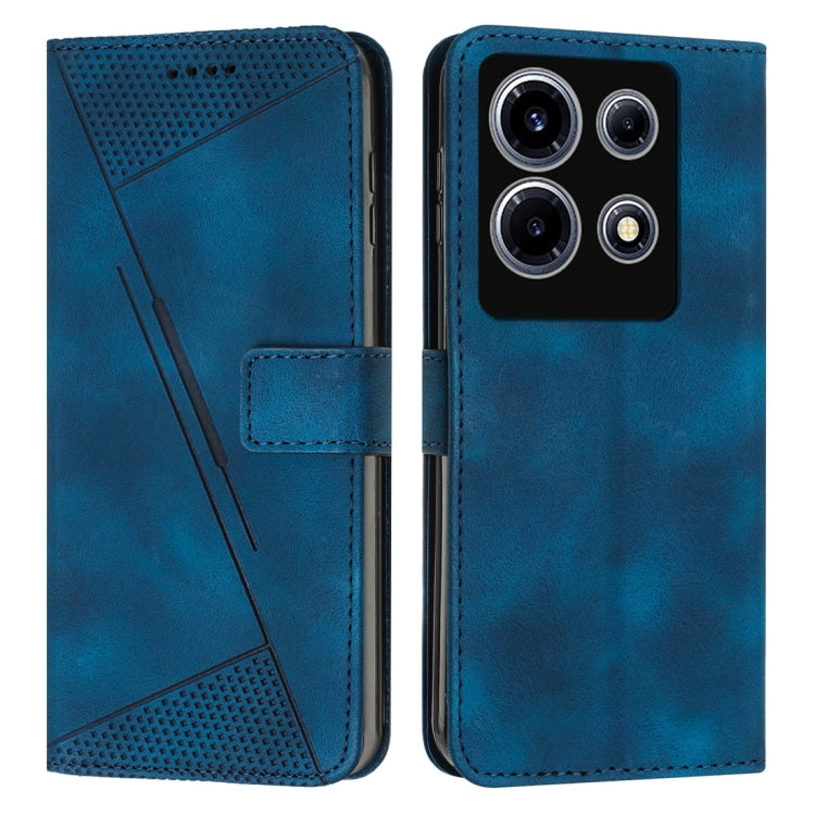 Blue leather phone case with flip cover and textured triangular panel, stitched card pocket.