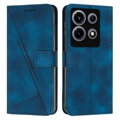 Blue leather phone case with flip cover and textured triangular panel, stitched card pocket.