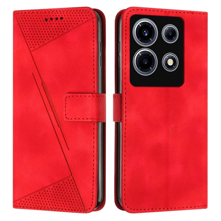 Red leather phone case with flip cover and textured triangular panel, stitched card pocket.