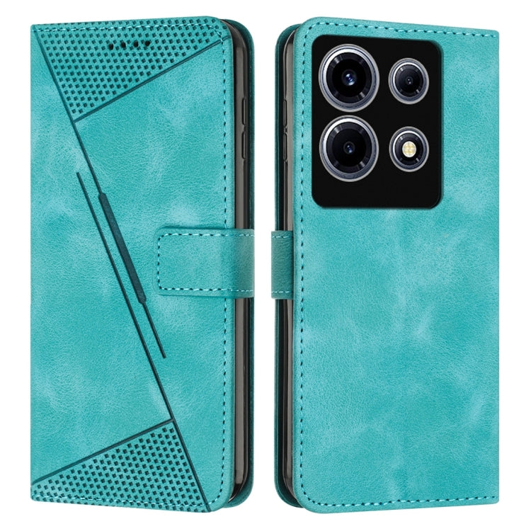Teal leather phone case with flip cover and textured triangular panel; phone back camera cutout.