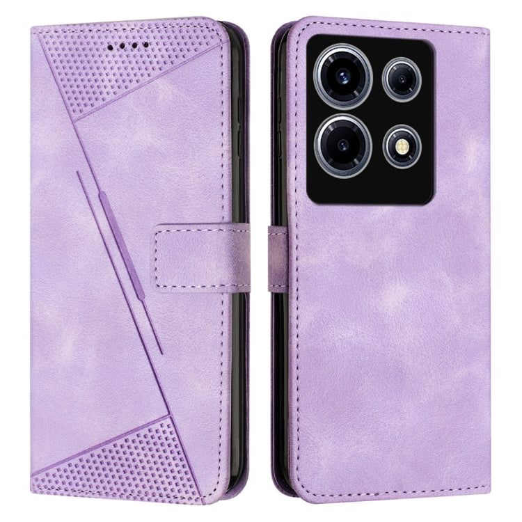 Purple leather phone case with flip cover and textured triangular panel; phone back camera cutout.